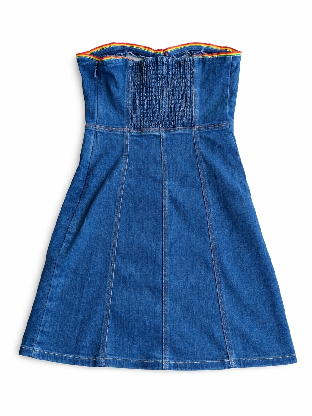 Anthropologie Strapless Denim Mini Dress Rainbow Trim NWT XS Button Front Boho - Picture 7 of 13